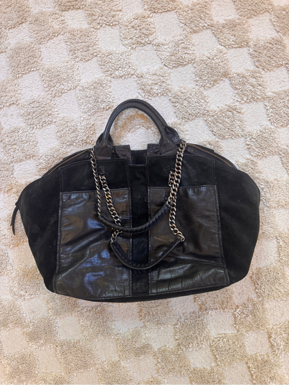 Ramy Brook Black Leather & Suede Chain Tote Shoulder Bag